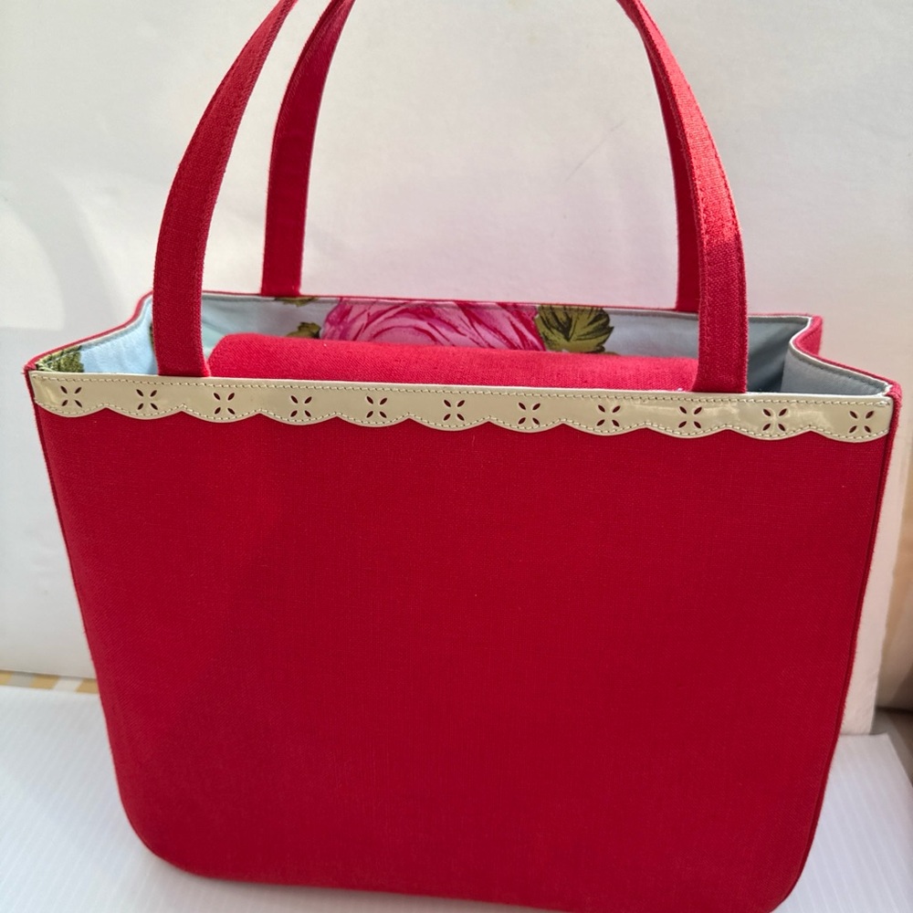 Kate Spade Rare Red Fabric Bag with Pink and Blue Cabbage Rose Lining